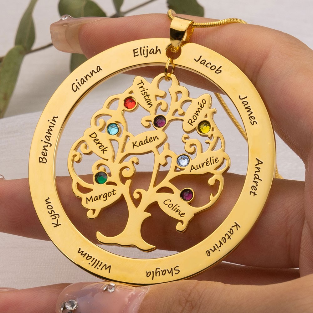 Personalized Birthstones Family Tree Necklace with 1-15 Names Customize Family Jewelry