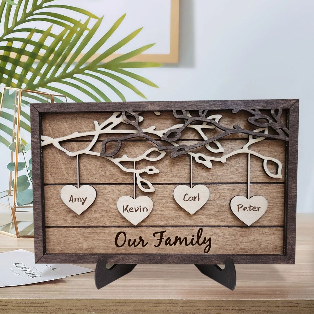 Wodden Family Tree Sign Personalized Family Frame Engraved with Names Gift for Her Gift for Grandma Anniversary Gift for Wife Mother's Day Gift 