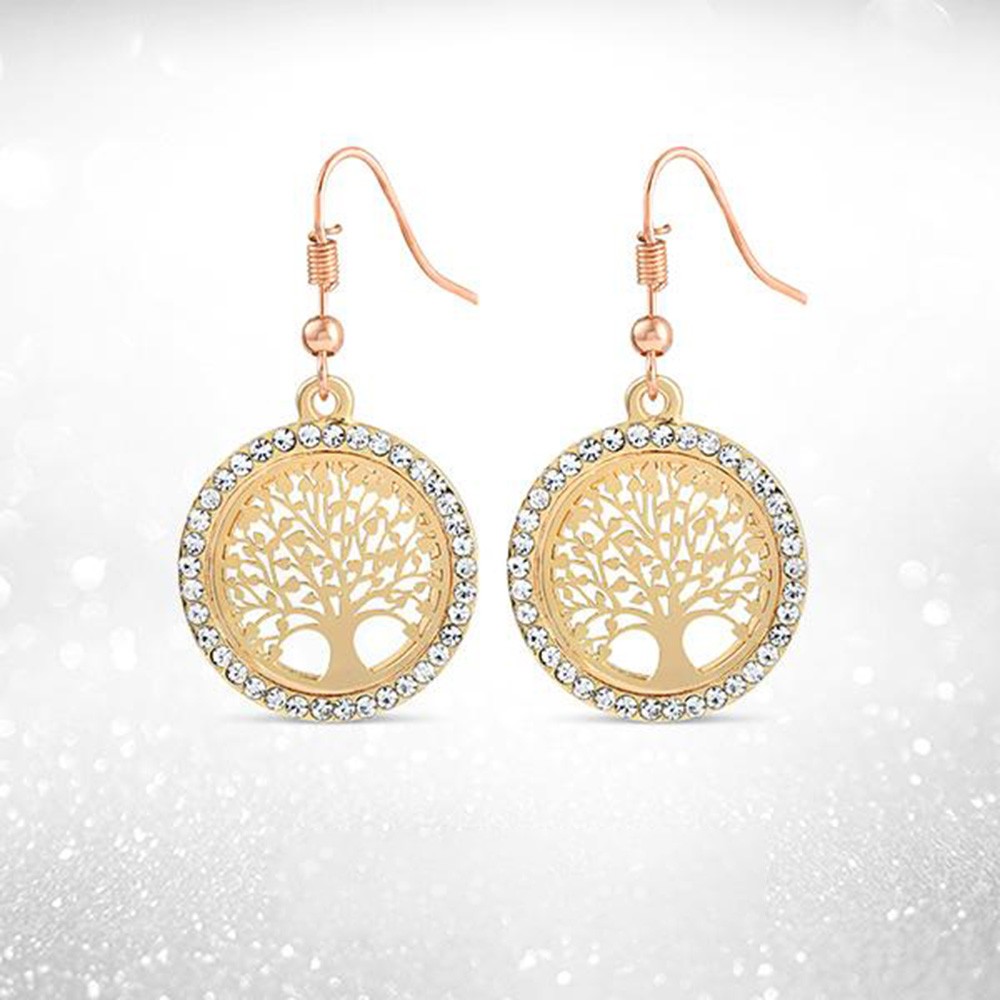 Tree Of Life - Gold Earrings W/ Rhinestones