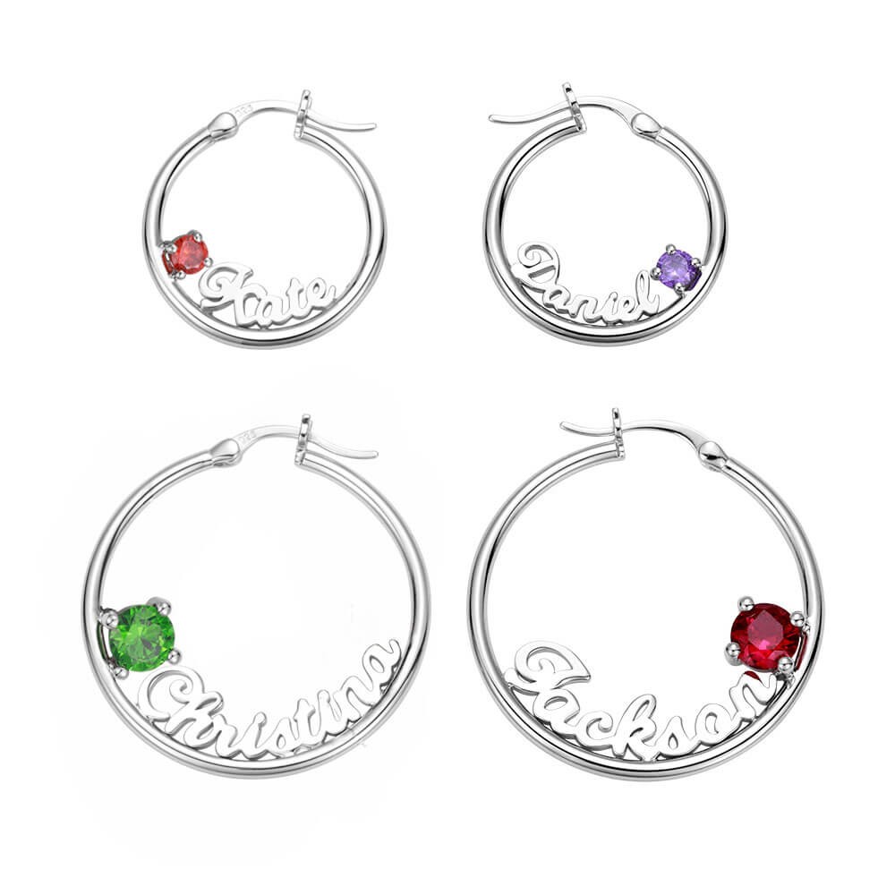 Personalized Name Birthstone Hoop Earrings in Silver