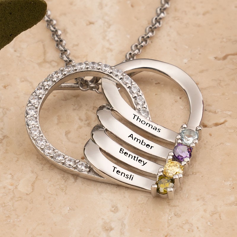 Personalized Heart Name Necklace with 1-6 Birthstones Designs