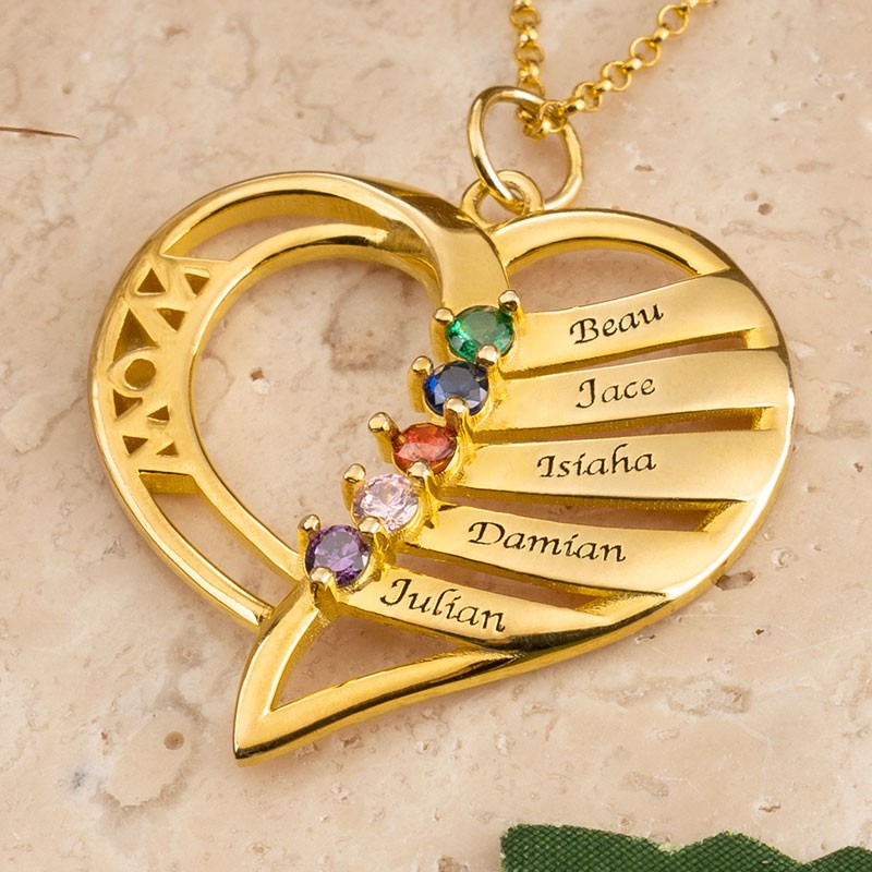 Personalized Heart Name Necklace with 1-6 Birthstones Designs