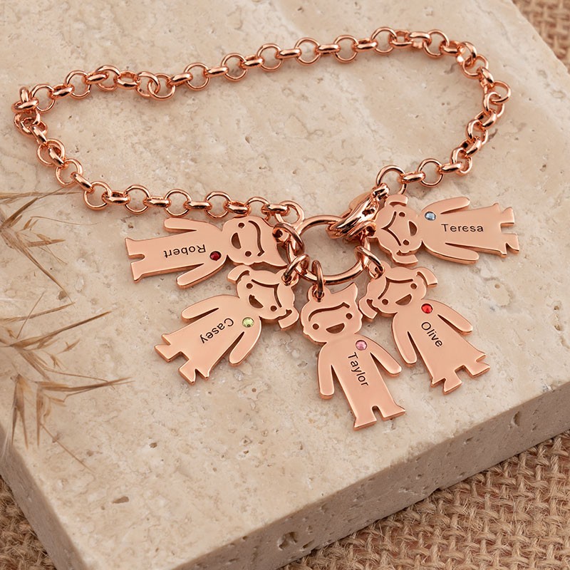 18K Rose Gold Plating Personalized Engravable Bracelet with 1-6 Children Pendants