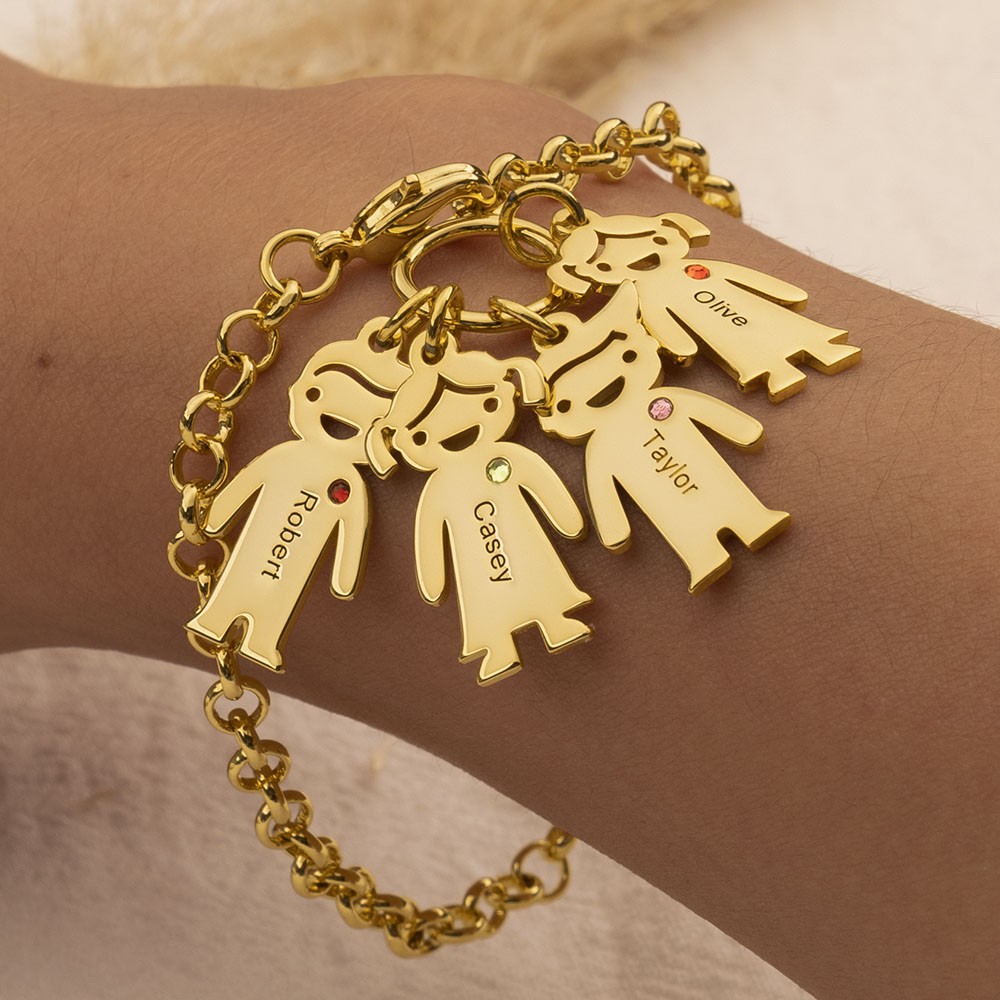 18K Gold Plating Personalized Engravable Bracelet with 1-6 Children Pendants