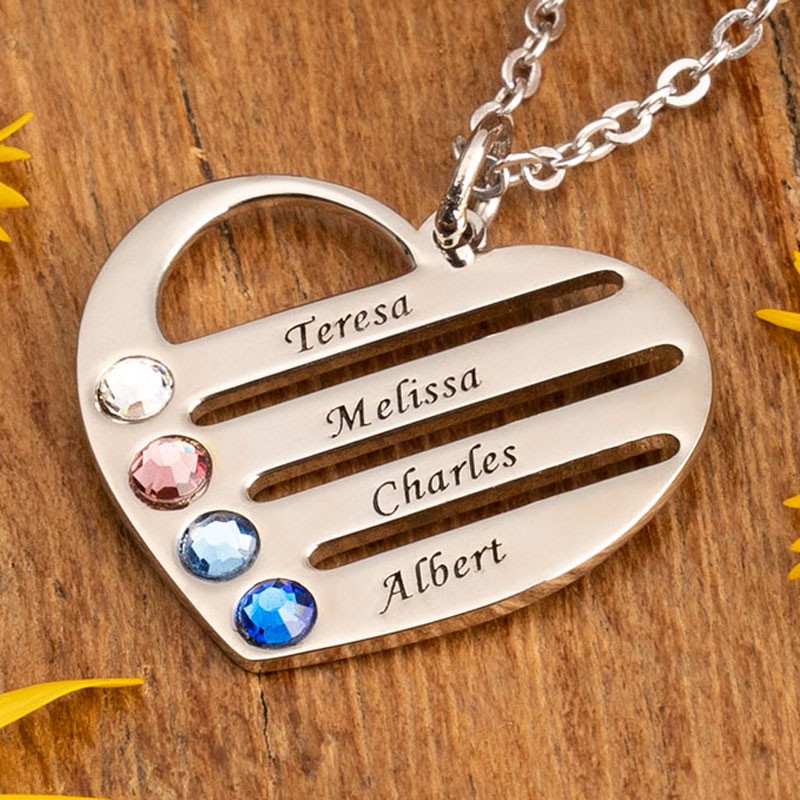 Personalized Heart Necklace with 1-4 Birthstones and Engravings