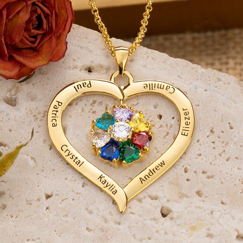 Personalized Heart Shape Necklace With 1-8 Birthstones with Name Engravings