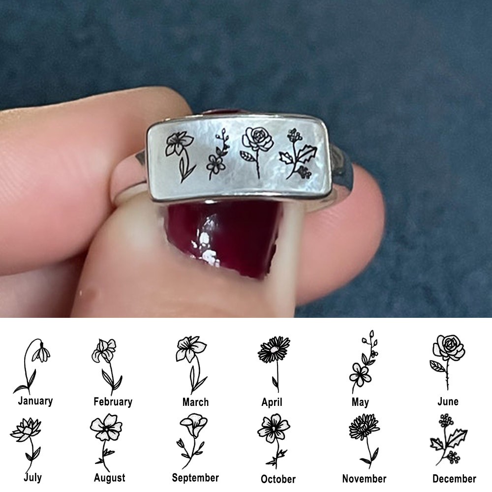 Personalized Engraved Birth Flower Ring Gift for Her